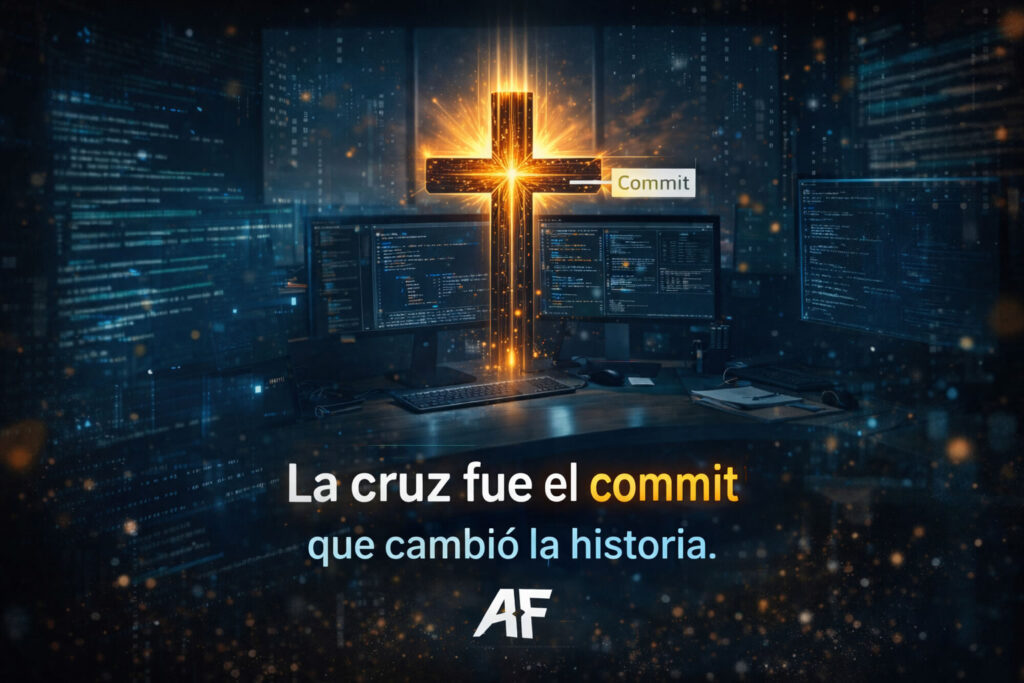 “La cruz fue el commit que cambió la historia”
Ilustración de una cruz luminosa en un entorno de desarrollo de software con código en pantallas, representando la redención en Semana Santa al estilo fe y tecnología.