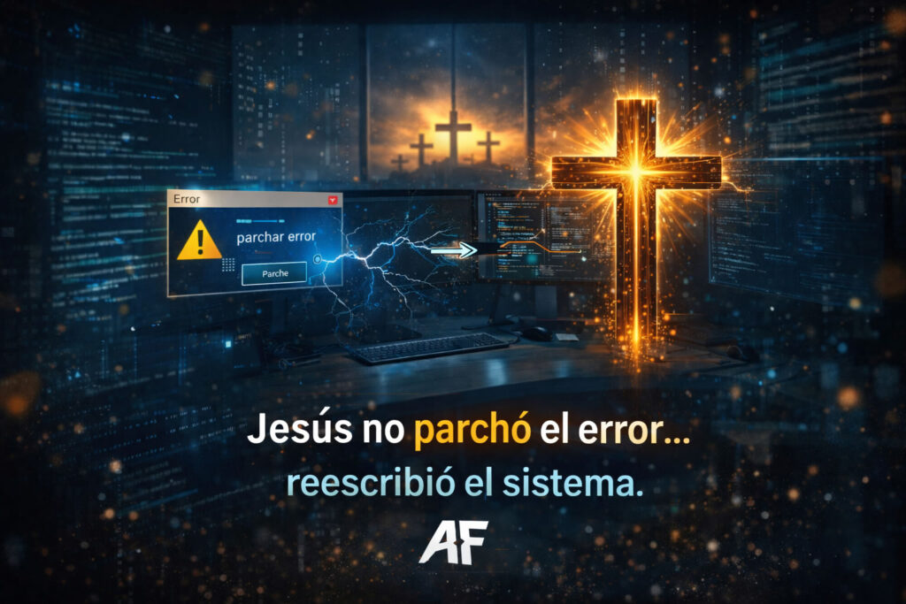 “Jesús no parchó el error… reescribió el sistema”
Diseño digital con código, advertencias de error y una cruz brillante simbolizando la transformación total del sistema humano en Semana Santa.