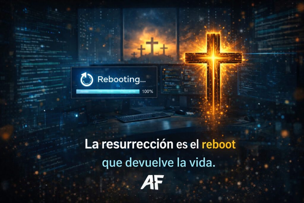 “La resurrección es el reboot que devuelve la vida”
Escena tecnológica con interfaz de reinicio y cruz resplandeciente, representando la resurrección como renovación espiritual en Semana Santa.