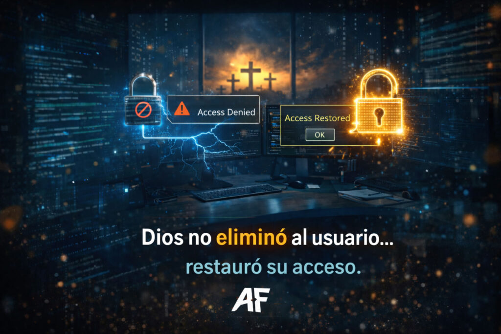 “Dios no eliminó al usuario… restauró su acceso”
Ilustración con iconos de acceso denegado y restaurado junto a una cruz, simbolizando la gracia y restauración en la fe cristiana.