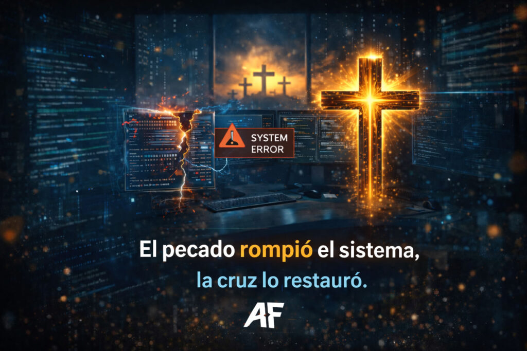 “El pecado rompió el sistema, la cruz lo restauró”
Imagen con error de sistema y cruz luminosa en entorno tecnológico, representando la redención del pecado en Semana Santa.