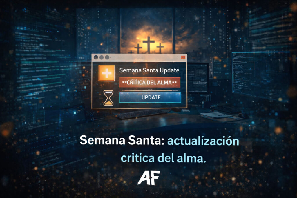 “Semana Santa: actualización crítica del alma”
Interfaz de actualización tipo software con símbolo de cruz, representando la renovación espiritual durante la Semana Santa.