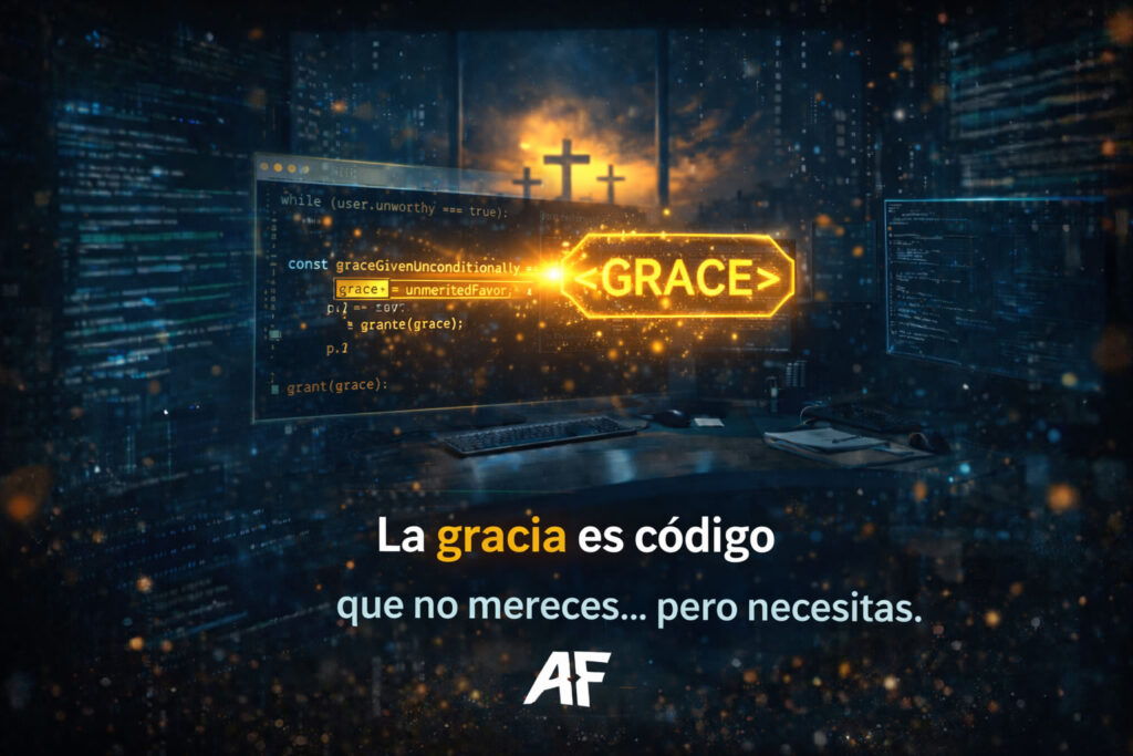 “La gracia es código que no mereces… pero necesitas”
Pantalla de código con la palabra grace resaltada y cruz al fondo, simbolizando la gracia divina en clave tecnológica.