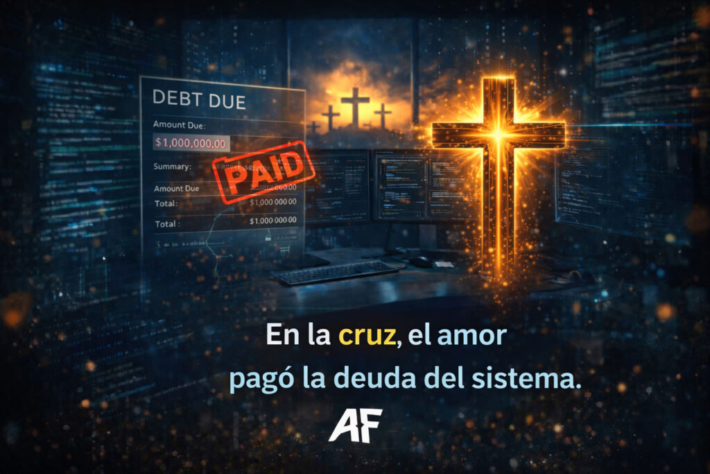 “En la cruz, el amor pagó la deuda del sistema”
Diseño con factura marcada como pagada junto a una cruz brillante, representando el sacrificio de Jesús en Semana Santa.