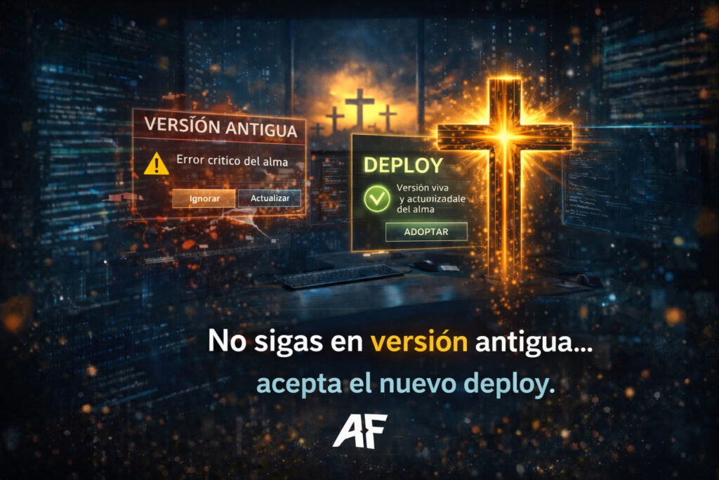“No sigas en versión antigua… acepta el nuevo deploy”
Interfaz comparando versión antigua con actualización y cruz luminosa, simbolizando la conversión y cambio espiritual.