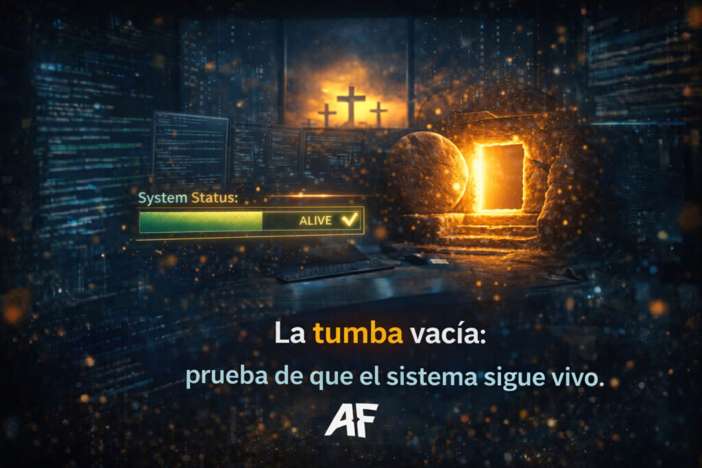 “La tumba vacía: prueba de que el sistema sigue vivo”
Ilustración de tumba vacía iluminada con indicador de sistema activo, representando la resurrección de Jesús en Semana Santa.