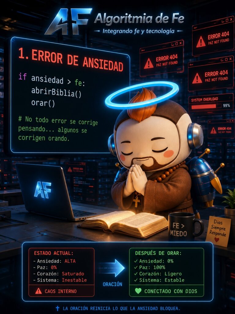 ERROR DE ANSIEDAD
Fetri frente a una pantalla gigante llena de alertas rojas y ventanas de error.
Mientras ora, las alertas desaparecen y el sistema se vuelve azul brillante.