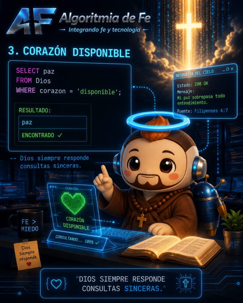CORAZÓN DISPONIBLE
Fetri usando una terminal holográfica mientras una luz celestial responde la consulta SQL.