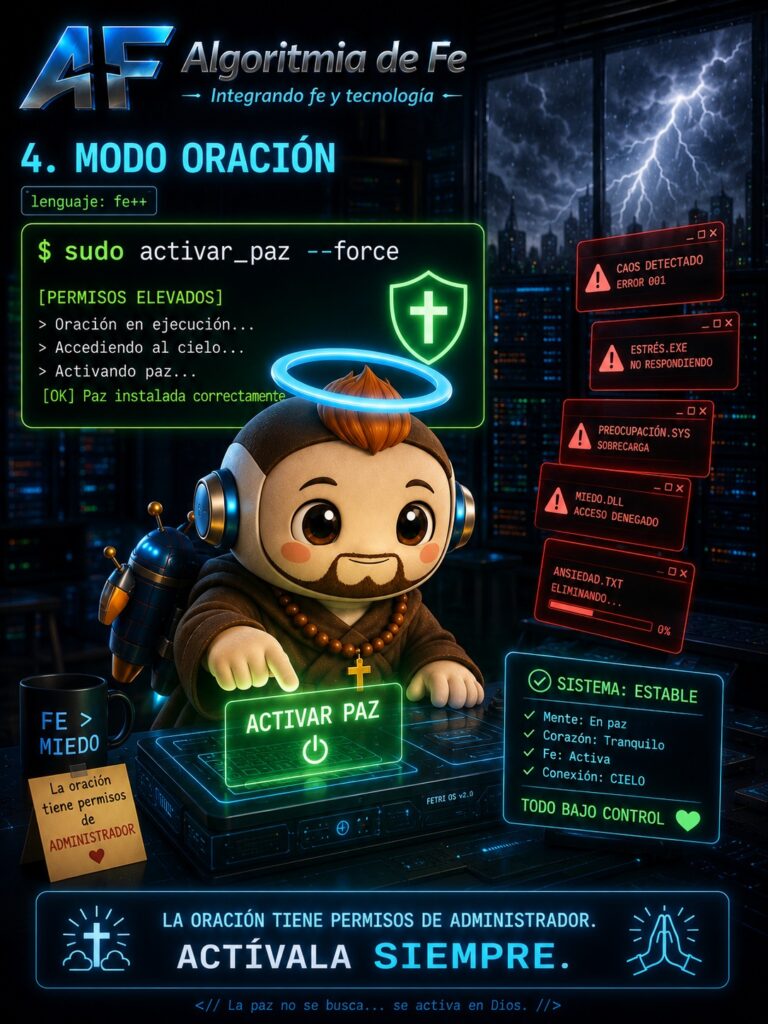 MODO ORACIÓN
Fetri activando una consola futurista mientras el caos alrededor entra en silencio.
