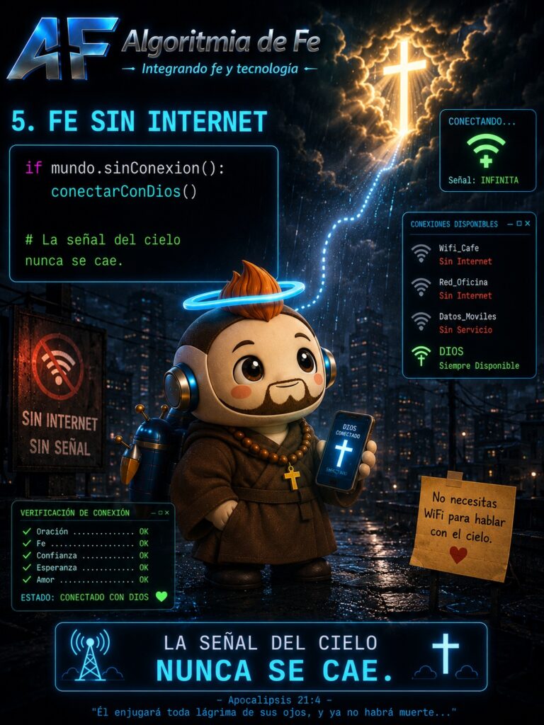 FE SIN INTERNET
Ciudad oscura sin internet ni energía.
Solo Fetri tiene una conexión luminosa vertical hacia el cielo.
