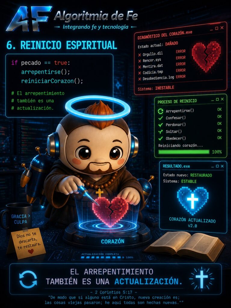 REINICIO ESPIRITUAL
Fetri reiniciando un núcleo digital con forma de corazón brillante.