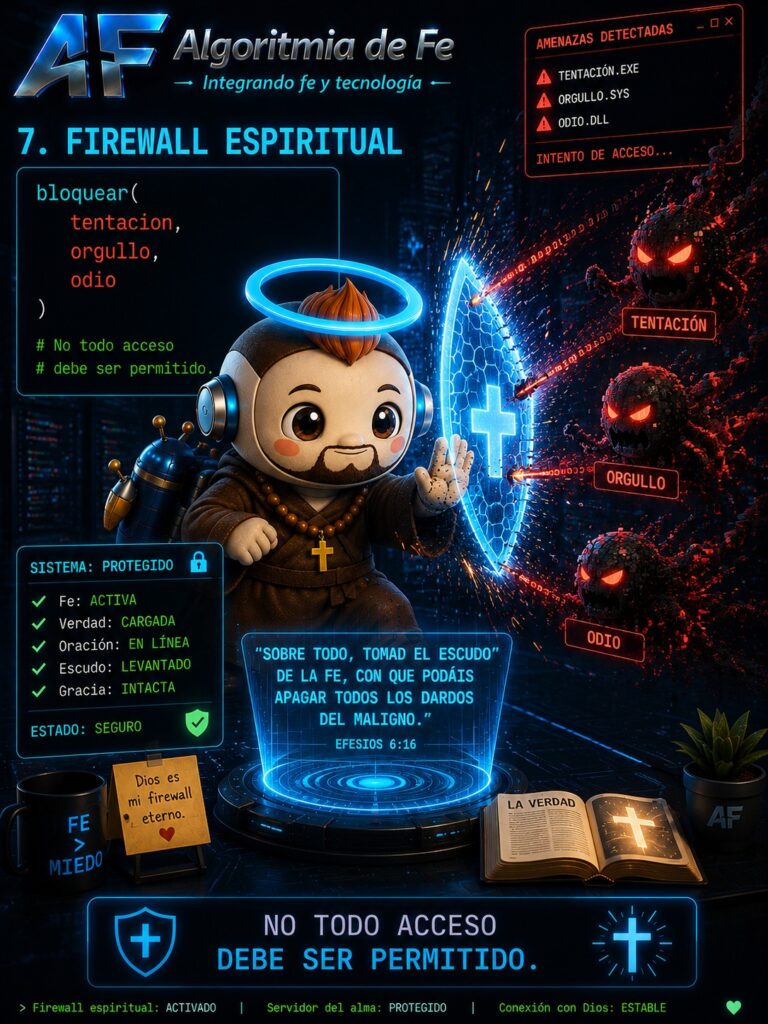 FIREWALL ESPIRITUAL
Fetri protegiendo un servidor luminoso mientras ataques oscuros chocan contra un escudo.