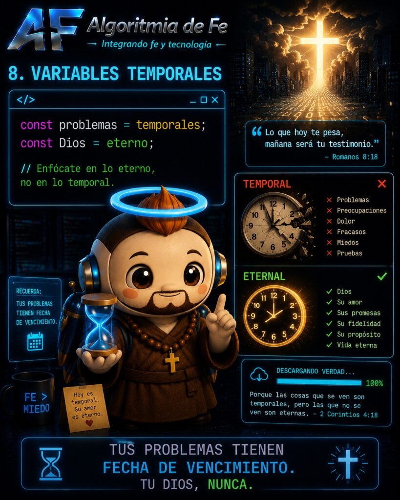 VARIABLES TEMPORALES
Fetri observando relojes digitales romperse mientras una luz eterna permanece estable.