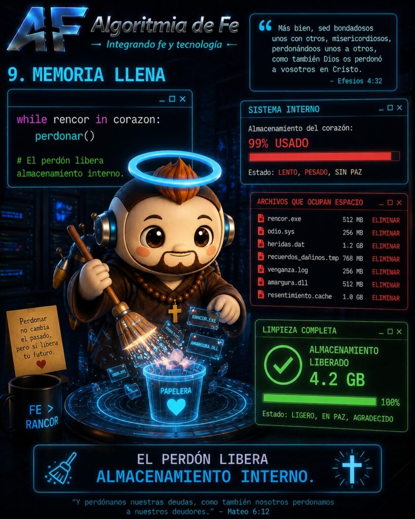 MEMORIA LLENA
Fetri limpiando archivos oscuros de un disco duro holográfico.